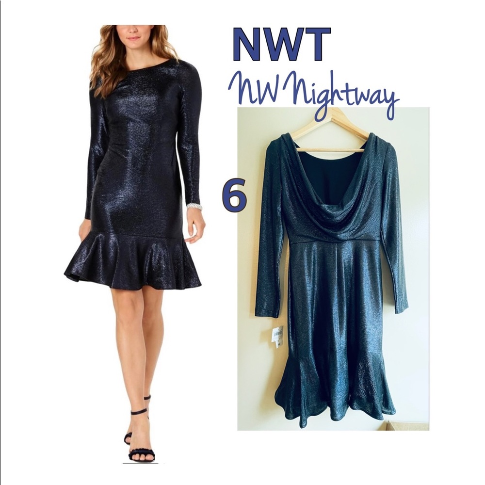 NWT navy NIGHTWAY midi cowl back long sleeve ruffle hem crew neck metallic 6